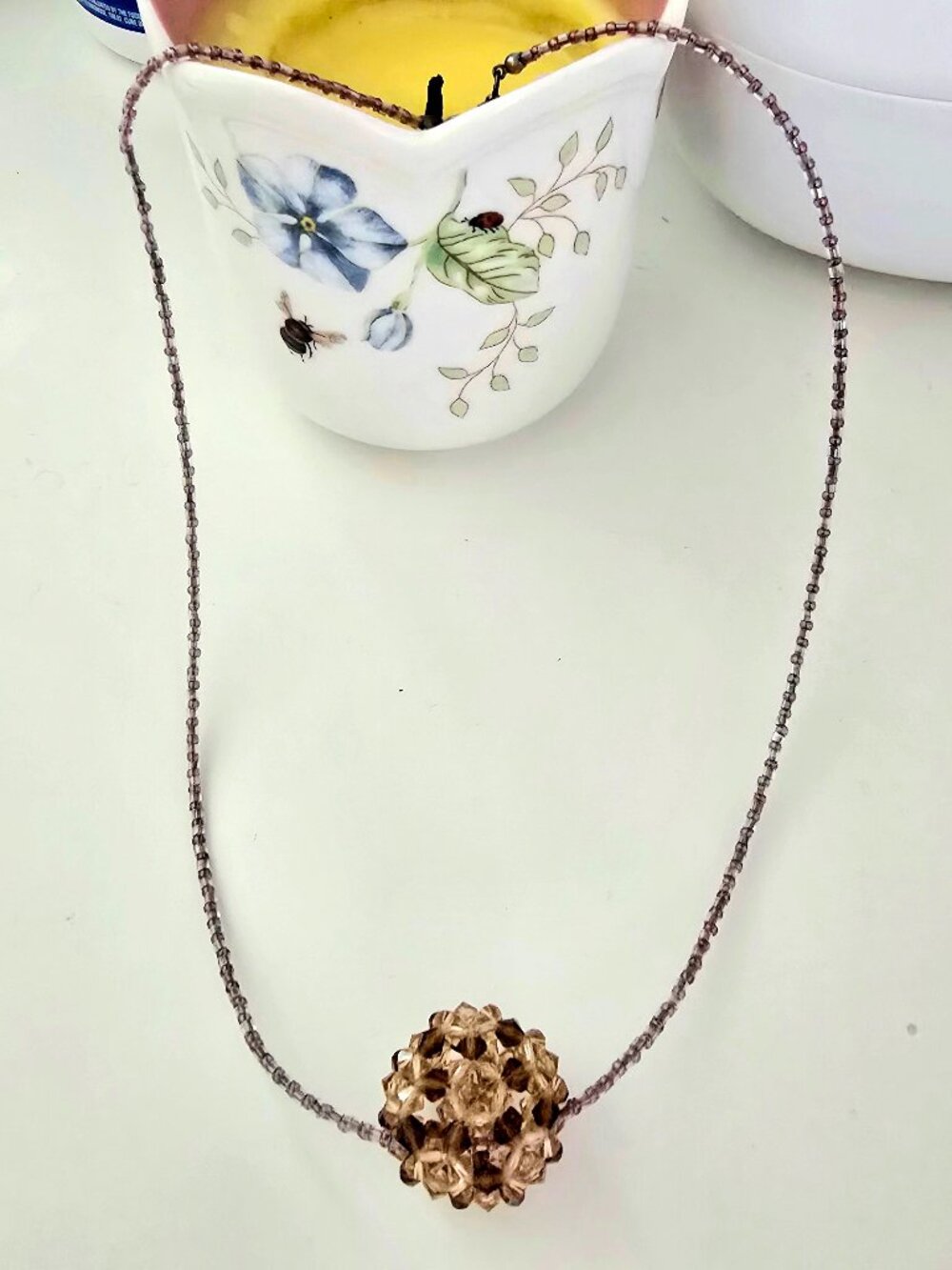 Vintage Brown Crystal Beaded Ball Pendant Necklace Smoky Topaz Tone Layering